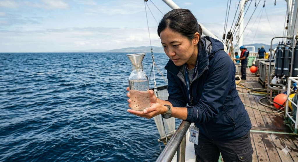 001 - 株式会社SeaChallenge - 株式会社SeaChallenge Researcher on a ship holds a glass bottle with a seawater sample and a funnel on top, ocean background behind her.