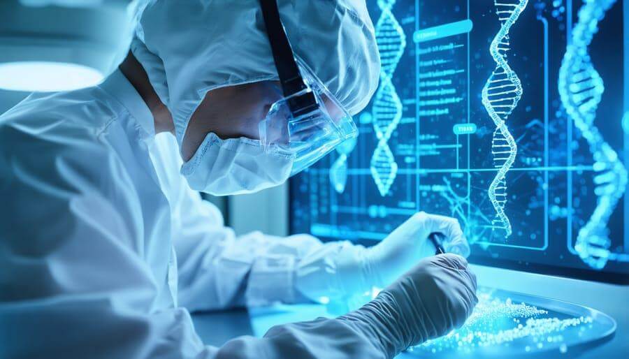 Scientist in full protective gear and goggles writes notes while analyzing DNA sequences on a blue digital display in a lab.