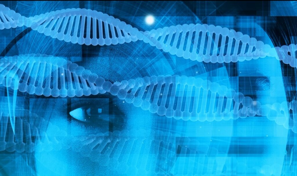 DNA double helix strands overlaid with a blue eye, symbolizing genetics and vision research in a futuristic bioinformatics style.