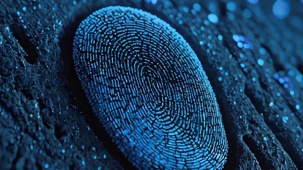 DNAイメージ03 - 株式会社SeaChallenge - 株式会社SeaChallenge Close-up of a blue fingerprint-like pattern on a dark, textured surface.