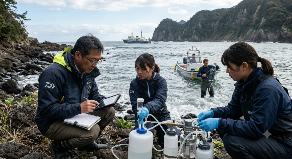 Three scientists in dark jackets work on seawater sampling with hoses and bottles on a rocky shore by the sea.