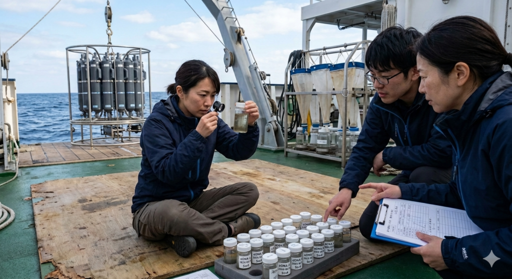 Marine scientists on a research vessel examine seawater samples in labeled jars while colleagues record data.