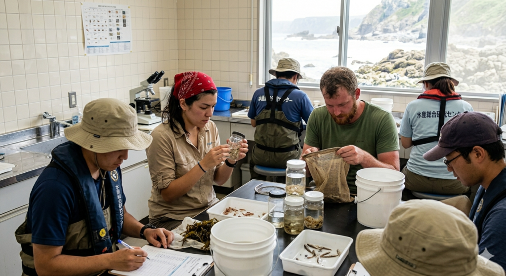 Researchers at a coastal lab sorting and bagging marine specimens around a lab bench with jars and trays nearby.