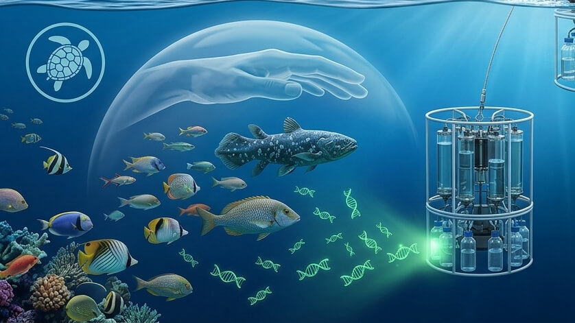 - 株式会社SeaChallenge - 株式会社SeaChallenge Underwater scene with a large protective dome and hovering hand above a variety of fish and coral, beside a glowing cylindrical lab device.