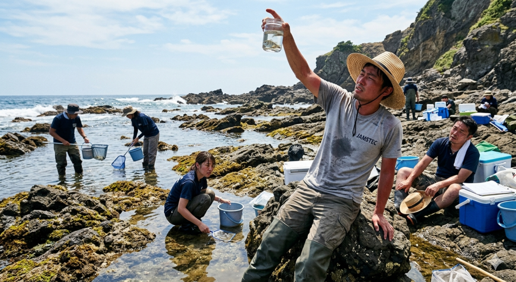 - 株式会社SeaChallenge - 株式会社SeaChallenge Researchers collect seawater samples in tide pools using nets and jars along a rocky shoreline.