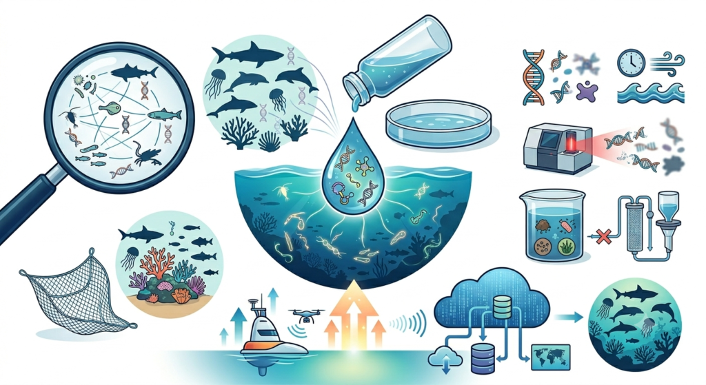 Ocean science collage: microscope view of marine life, DNA strands, coral, and lab gear with waves and droplets depicted throughout.