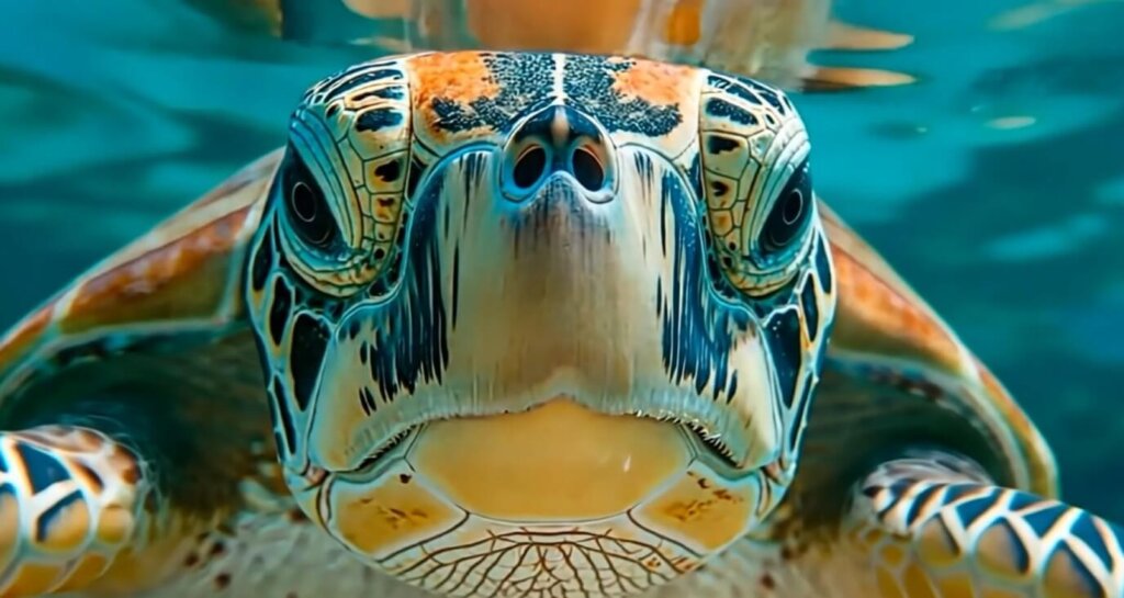 kame - 株式会社SeaChallenge - 株式会社SeaChallenge Close-up of a sea turtle underwater, facing the camera with vivid blue-green water in the background and intricate facial markings.