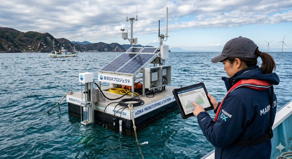 Person in a navy Marine DX jacket uses a tablet on a floating solar-powered marine monitoring station in the sea, with wind turbines in the background