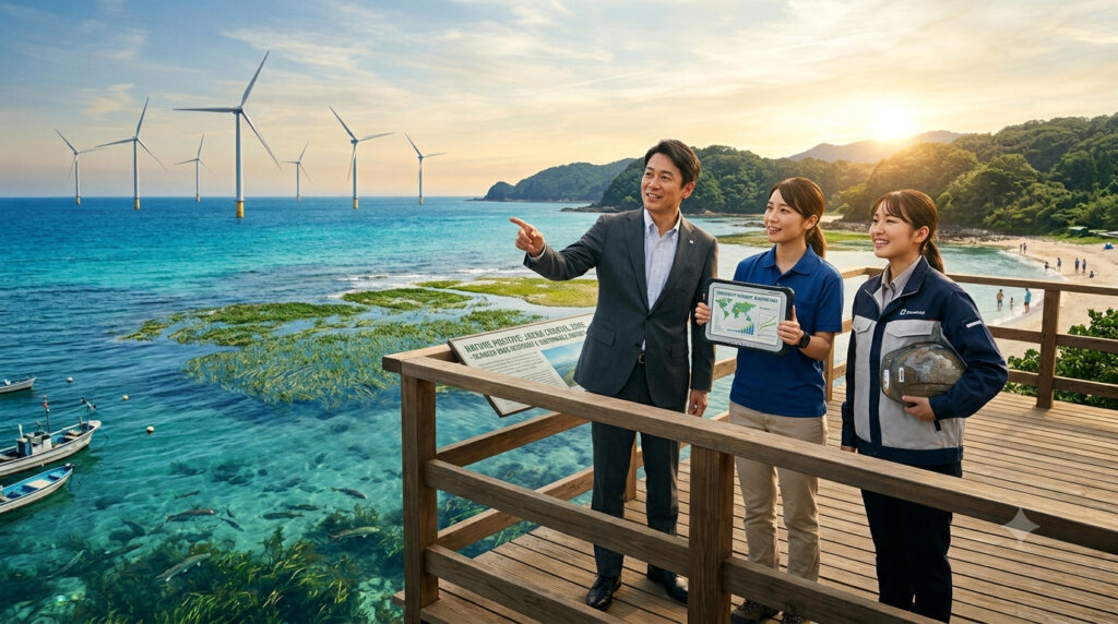 日本の沿岸部で海のネイチャーポジティブやサステナブル経営について話し合う日本のビジネスパーソンと環境技術者