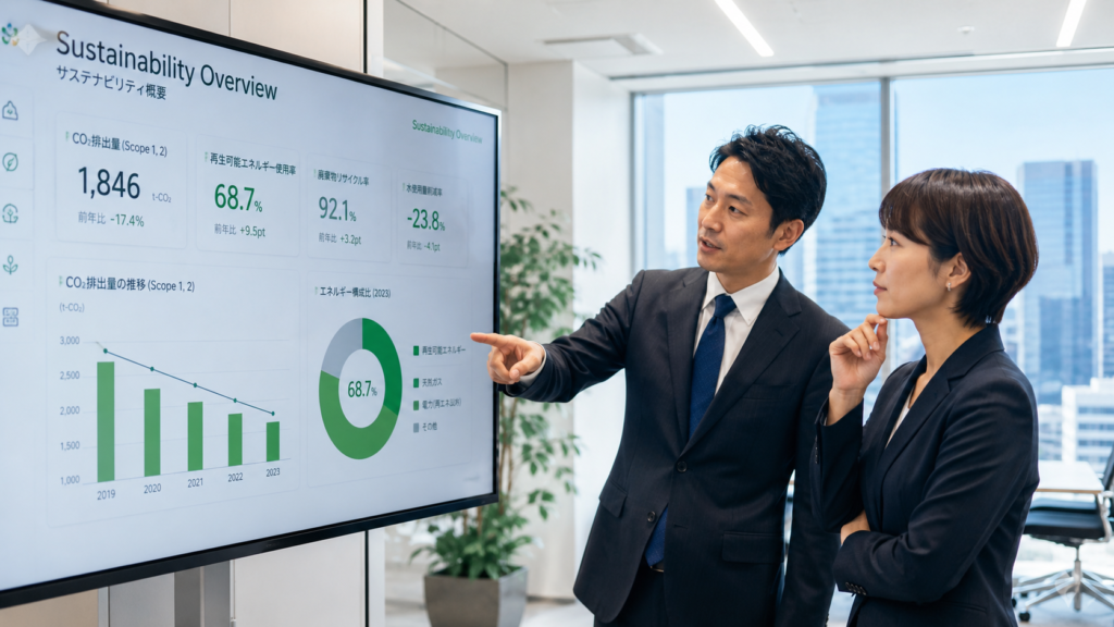Two professionals in suits discuss a large Sustainability Overview dashboard with charts and metrics on a screen in a modern office.