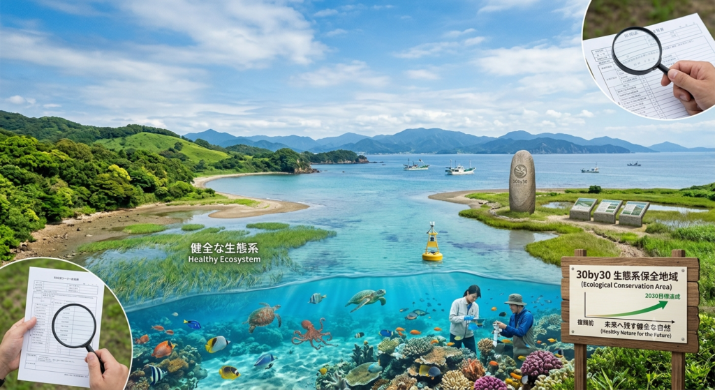 Ecological conservation park with a cross-section view of a coral reef, signboards, and people studying underwater life toward a healthy ecosystem.