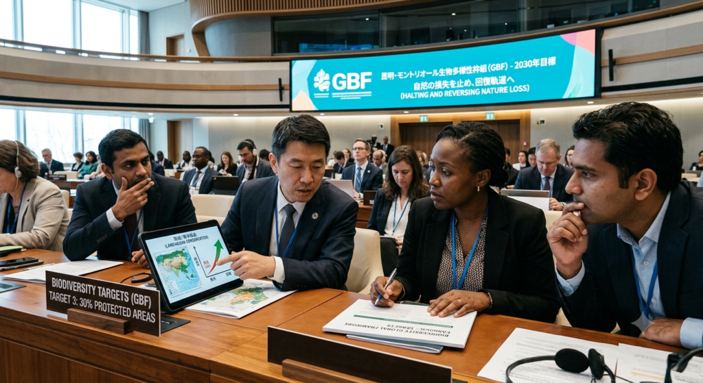 Group of diverse professionals in a formal meeting, a man points to a tablet displaying maps and charts about biodiversity targets; a sign reads Biodiversity Targets (GBF) Target 3: 30% Protected Areas on the table.