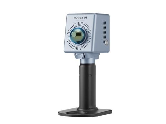 FJTrion P1 imaging sensor mounted on an adjustable black stand with a round base in a laboratory setting﻿ (blue housing, circular lens]﻿