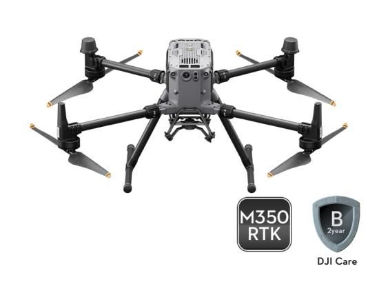 Professional quadcopter drone (DJI Matrice 350 RTK) with landing gear and propellers visible, plus M350 RTK badge and DJI Care shield icon to the side.