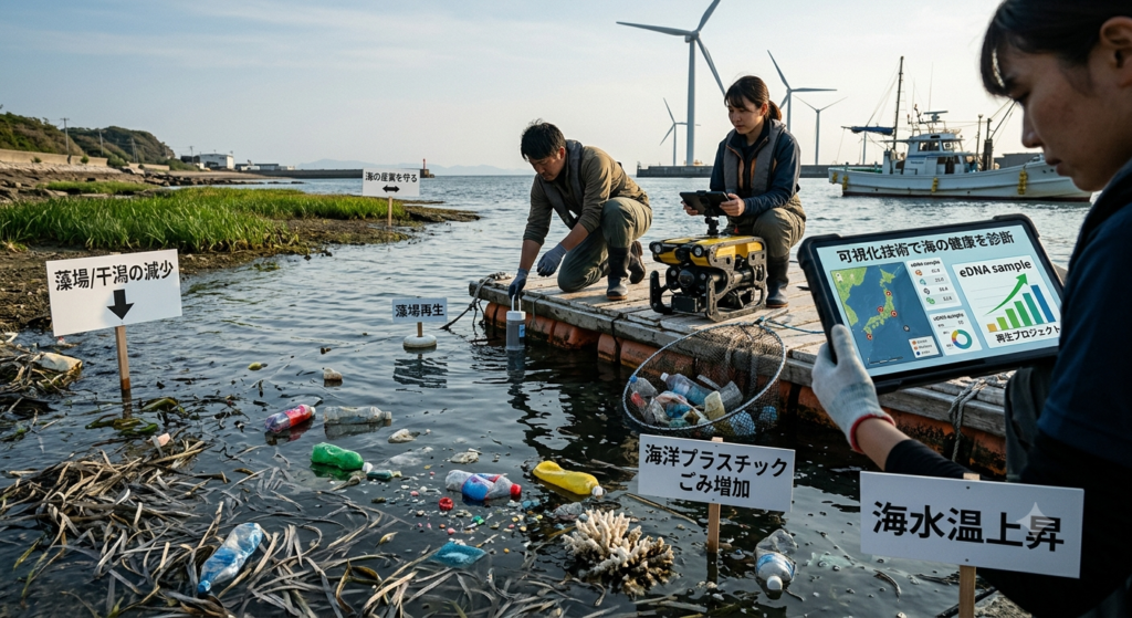 Researchers collect water samples from a polluted coastal area; wind turbines visible in the distance.
