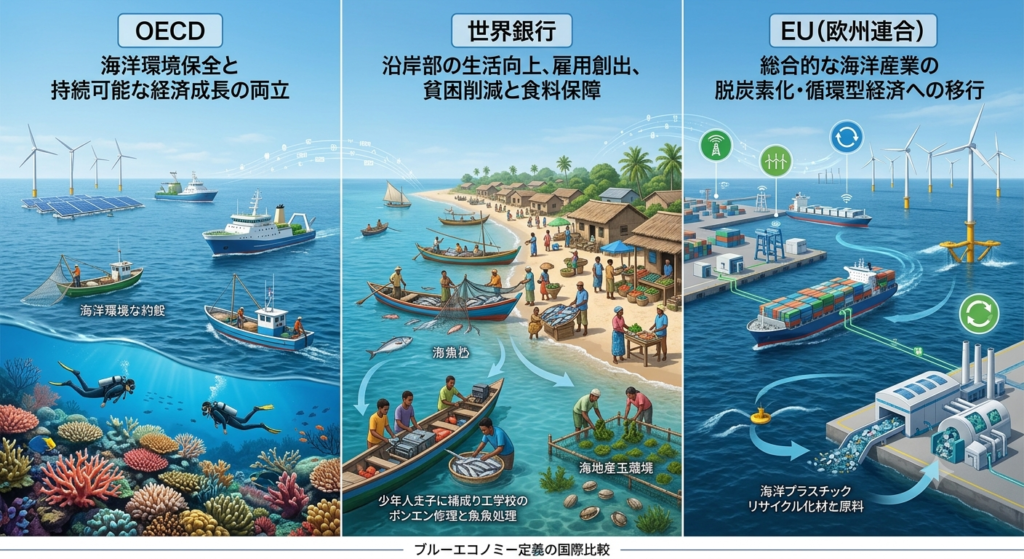 02 - 株式会社SeaChallenge - 株式会社SeaChallenge Three-panel infographic showing sustainable ocean economic growth: OECD panel with wind turbines and reefs; World Bank panel with coastal livelihoods and fishing; EU panel with offshore wind, shipping, and recycling facility.
