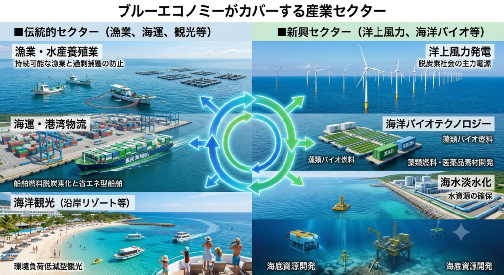 03 - 株式会社SeaChallenge - 株式会社SeaChallenge Collage showing Japan's blue-economy sectors: fishing, offshore wind, shipping/logistics, marine biotech, coastal tourism, and sea-resource development with central circular arrows.