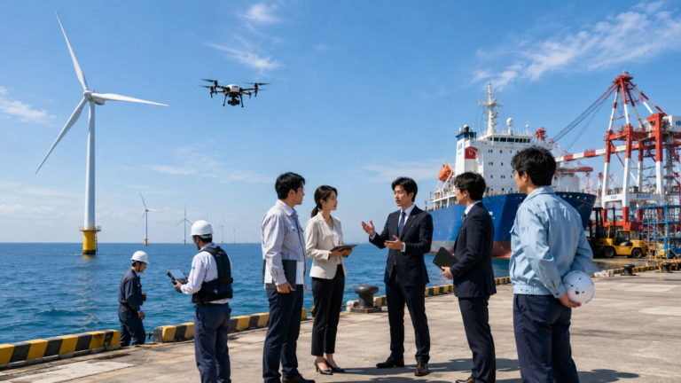 Group of professionals in business and safety gear discuss offshore wind farm and port operations by a cargo ship and cranes on a sunny day by the sea.